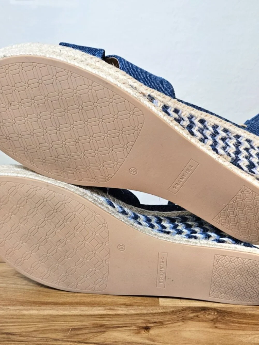 Frankie4 Baker Ankle Strap Espadrille Platform Wedge, Denim Canvas, Size 10